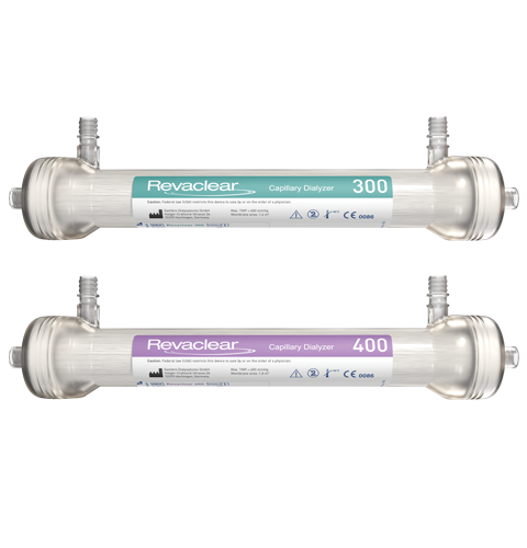 Revaclear 300 dialyzer above and inline with revaclear 400 dialyzer