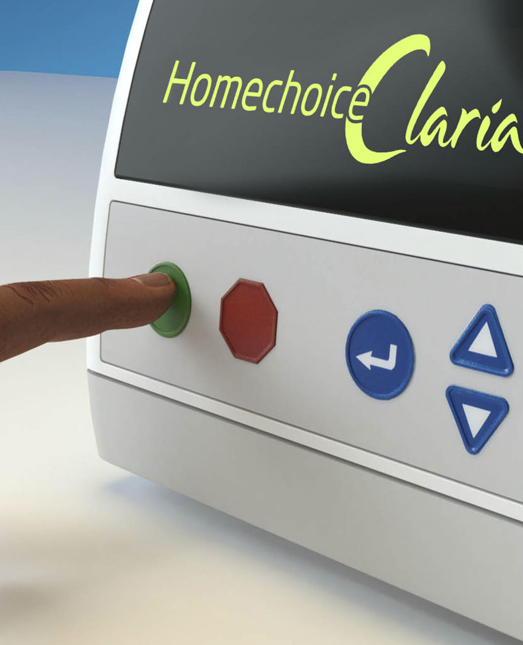 Finger selecting a green button on the Homechoice Claria ADP machine