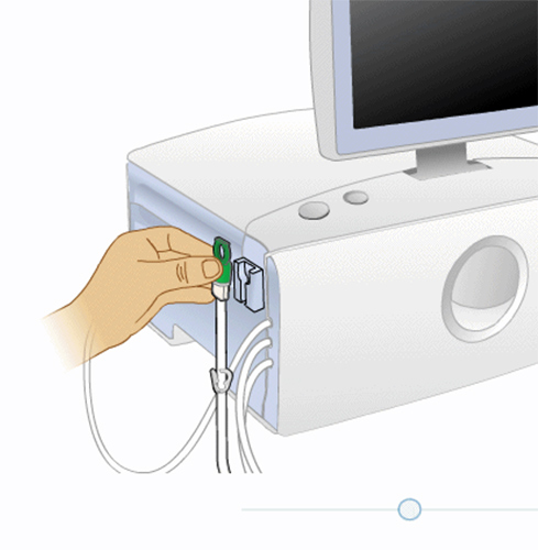 Up close image of an animated hand holding a wire next to the amia system